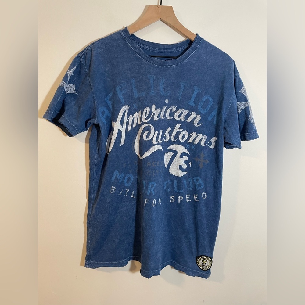 Vintage Affliction Blue T-Shirt Size Large Distressed Sin City Grunge Skull Y2K